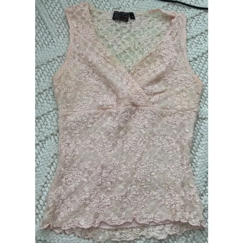 Womens Vintage Inspired Pink Lace Fitted V Neck Tank Top Size Medium